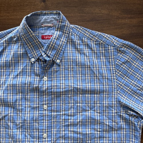 Izod Saltwater Shirt Men's Medium Blue Plaid Short Sleeve Button Up M - Picture 4 of 9