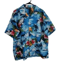 Roundy Bay Hawaiian Aloha Floral Shirt Blue Waves Hibiscus Made in Russia Sz L