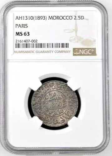 AH 1310 1893 Morocco 2 1/2 Dirhams, Paris Mint, NGC MS 63, KM-Y-6