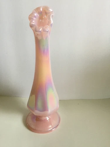 Vintage Fenton Pink Pearl Iridized Rainbow Glass Swung Paneled Bud Vase MCM RARE