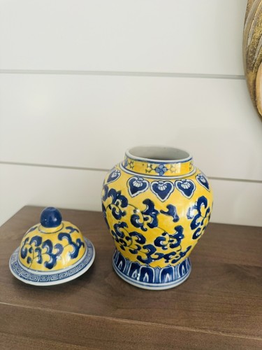 VINTAGE BLAU & GELB CHINOISERIE DECKEL INGWER GLAS 7 “/ 4 “ - Bild 9 von 12