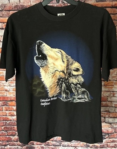 VINTAGE Canadian Border Outfitter Howling Wolves Single Stitch T-Shirt Size XL