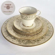 5 Pc Place Settings Gorham China Lorenzo de Medici Green-Blue w Gold  MULTIPLES