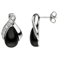 Ohrstecker Mit Onyx Schwarz & 14 Zirkonia Weiß, 925 Silber, Ohrringe Ohrschmuck