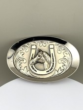 Vintage Silver Tone Belt Buckle Horse Head And Lucky Horseshoe 1970s