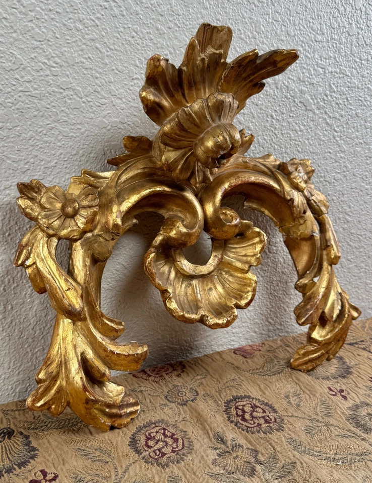 Antiguo panel floral arquitectónico barroco de madera dorada tallada siglo XVIII francés Foto 4 de 4