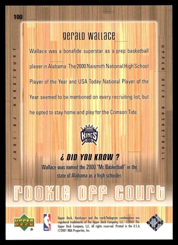 2001-02 Upper Deck Hard Court Rookie Off Court Gerald Wallace Rookie 0653/1000 - Image 2 of 2