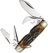 Rough Ryder Kamp King Pocket Knife Mirror Carbon Steel Blades Stag Bone Handle