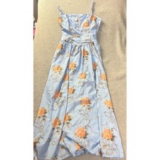 Blue Floral Rose Ribbon Print Maxi Ladder Lace Bodice Summer Party Sun Dress