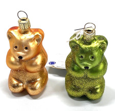 NWT 2 GUMMY BEAR GLASS CHRISTMAS ORNAMENTS Orange  Green 3.5" Glitter Germany