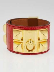 Authentic Hermes Geranium Matte Alligator Gold Plated Collier de Chien Cuff Bracelet Si...