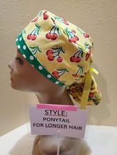 Cherries yell0w Women's Ponytail Surgical Scrub Hat/Cap Handmade