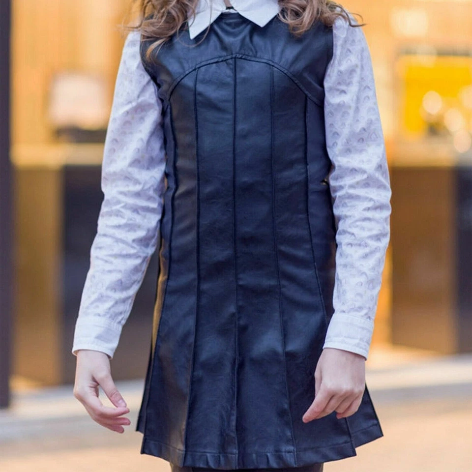 Mini vestido de invierno acanalado elegante sin mangas de cuero real para niñas Foto 2 de 3