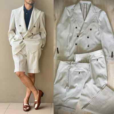 Seersucker Men Suits Double Breasted Regular Fit Beach Notch Lapel Summer Spring