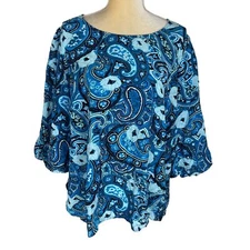 Talbots Blue Paisley Print Puff Sleeve Peasant Blouse Plus Size 2X Viscose