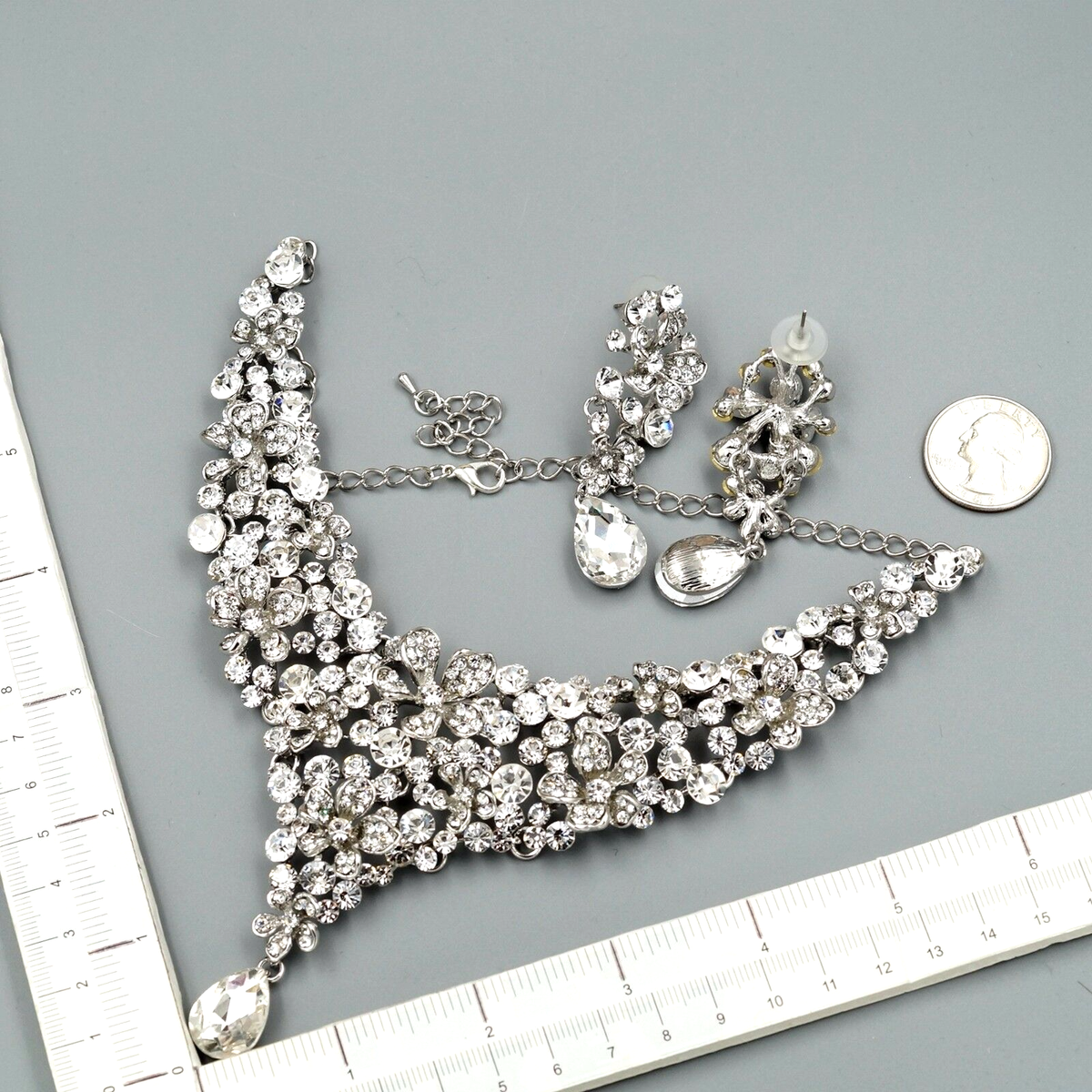 y♡Crystal☆bijou Rhodium Plated Flower Crystal Necklace Earrings Bridal