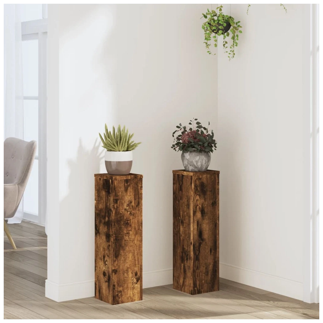 Plant Stand 2pc Smoked Oak Engineered Wood Tiered 17x17x60cm Indoor/Outdoor Set