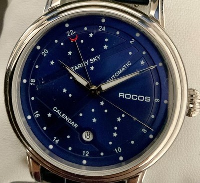 EUC Deep Blue Automatic Rocos Celestial Date 24 Hour Watch Original Box/Manual