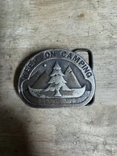 1975 Bergamot Brass Works “Keep On Camping” BRASS BELT BUCKLE, Canoe/Mountains