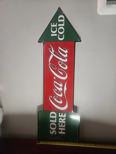 VTG 1996 Tin Ice Cold Coca-Cola Sold Here 27”x9” Embossed Metal Arrow Wall Sign