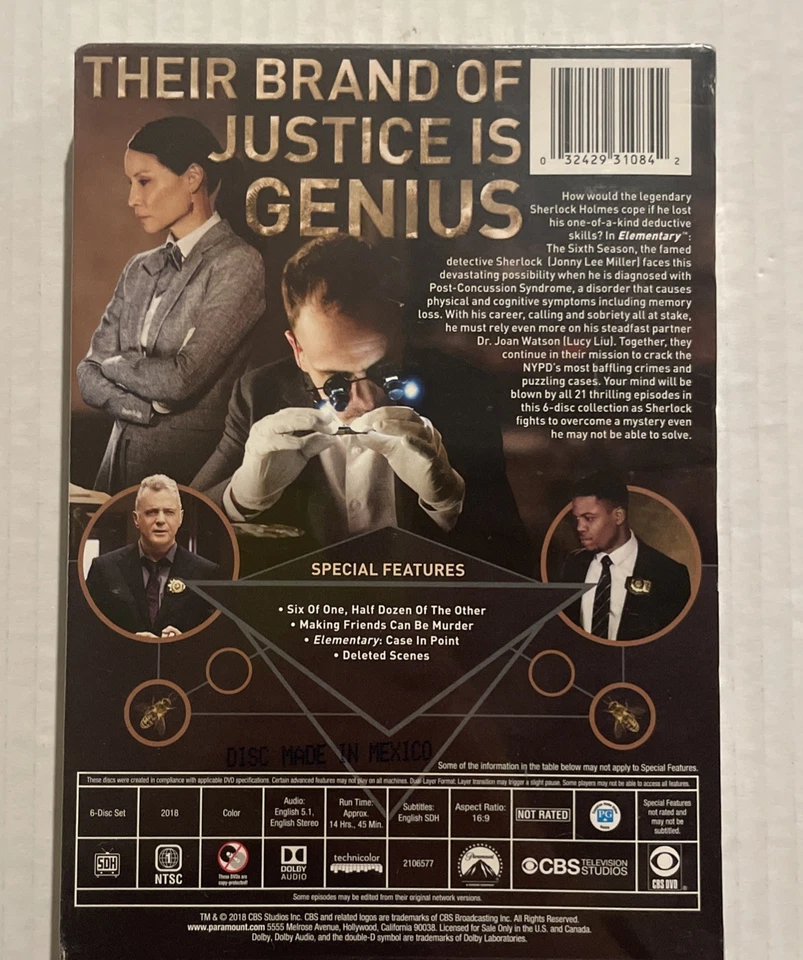 Elementary The Sixth Season Jonny Lee Miller/Lucy Liu | 2018 6-Disc DVD Set - Image 2 of 3