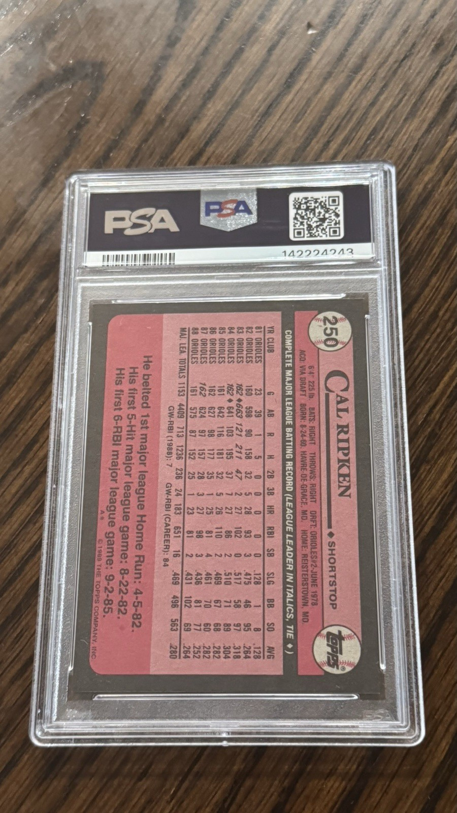 1989 Topps Cal Ripken Jr PSA 10 view 2