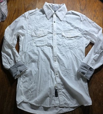 Roar Signature Mens White Y2K Embroidered Button Down Shirt M Affliction Style