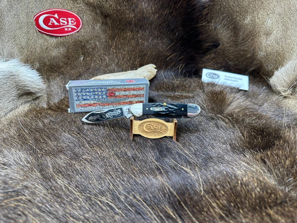 Cuchillo de canoa Case 2012 con asas de hueso ranurado negro como nuevo en caja Foto 4 de 4