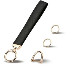 Leather Wristlet Keychain, Wrist Car Key Chain, with 2 Key Rings   Anti Black