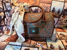Western Floral Tooled Satchel Top Handle Bag Brown Turquoise concho wildrag