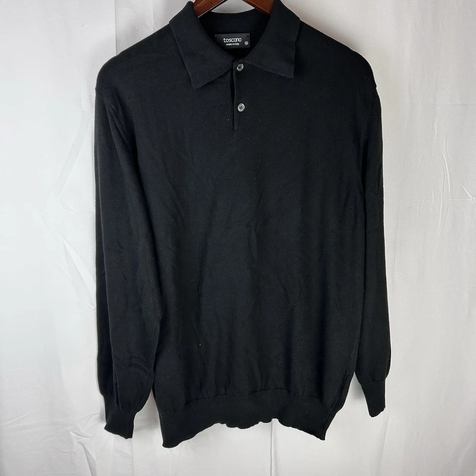 Suéter Toscano Para Hombres Mediano Manga Larga Pullover Polo Mezcla Algodón Hecho en Italia Negro Foto 2 de 4