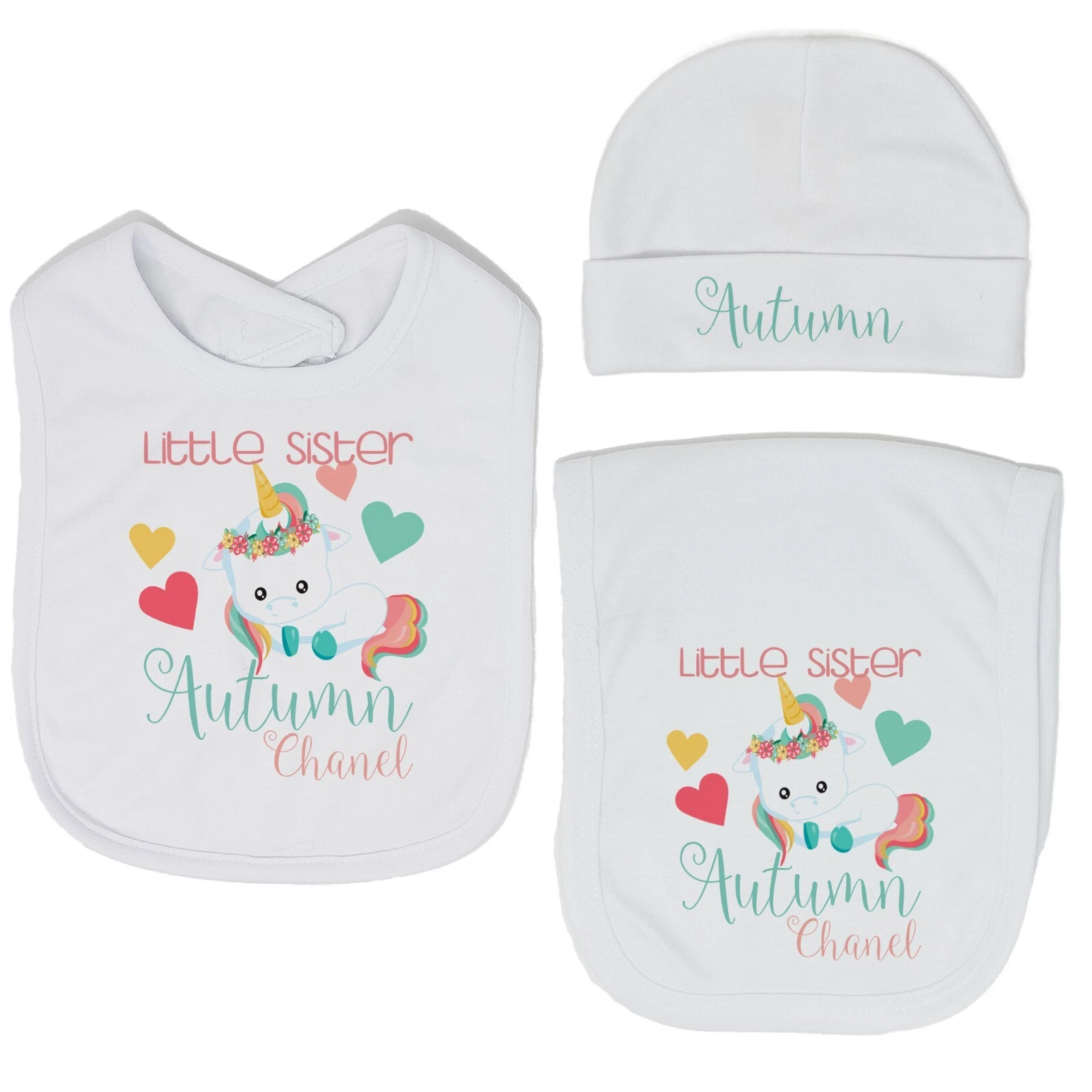 Baby Girl Personalized Custom Mystical Unicorn Bib and Burp Cloth Set VS2