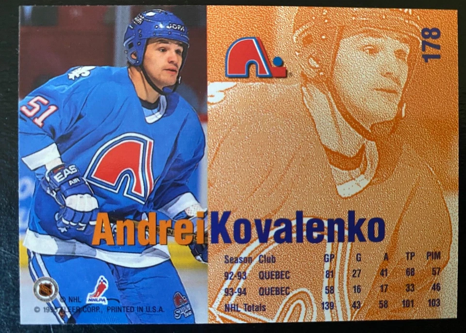 Andrei Kovalenko 1994-95 Rookie Card Fleer Hockey #178 Quebec Nordiques - Image 2 of 2