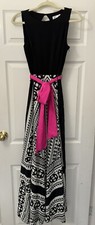 Eliza J  Maxi Dress 6 Boho Geometric Handkerchief Hem Black White Pink Sash