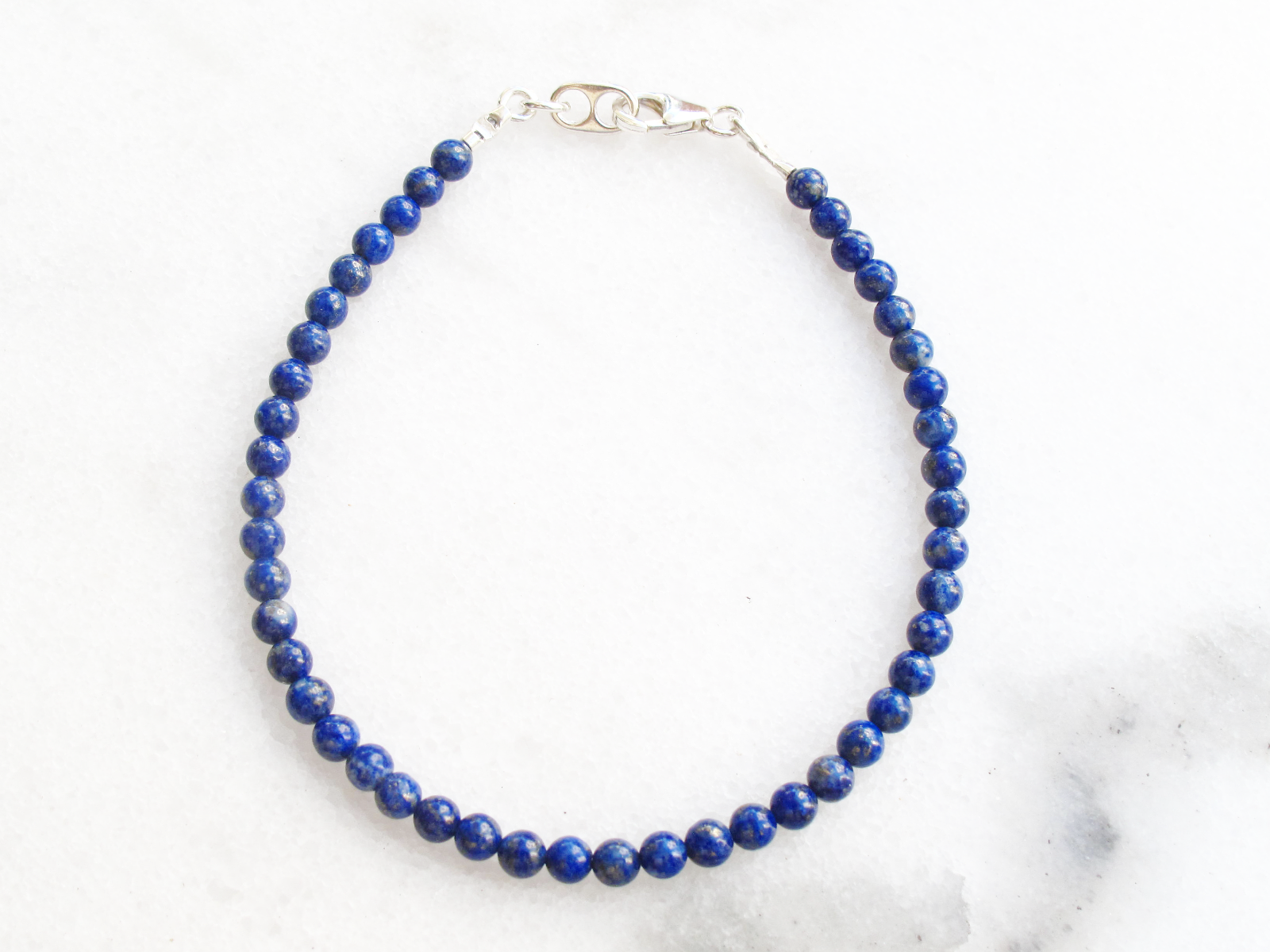 Natural Lapis Lazuli Round Bead Bracelet with Sterling Silver Stone Bangle-image