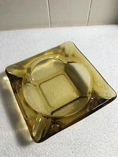 Vintage AMBER Glass Square Ashtray 6 x 6  MCM Retro
