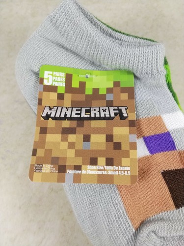Minecraft No Show Socks 5 Pairs Kids Sizes 4.5-8.5 Creeper Villager Rotten Flesh - Picture 2 of 5