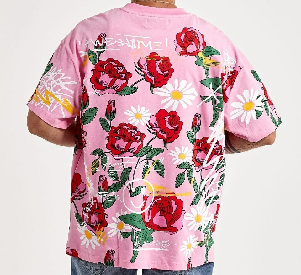 Nueva camiseta rosa de moda con estampado gráfico First Row Allover Rose Bloom para hombre. Foto 2 de 3