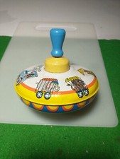 Vntg Ohio Art Spinning Top Toy, Litho Tin Circus Animal Train, Wooden Knob