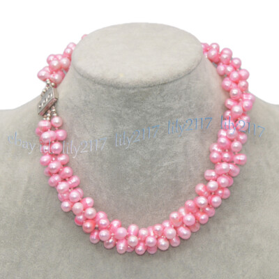 3 Strands Rare 7-9mm Pink Oval Side Hole Freshwater Baroque Pearl