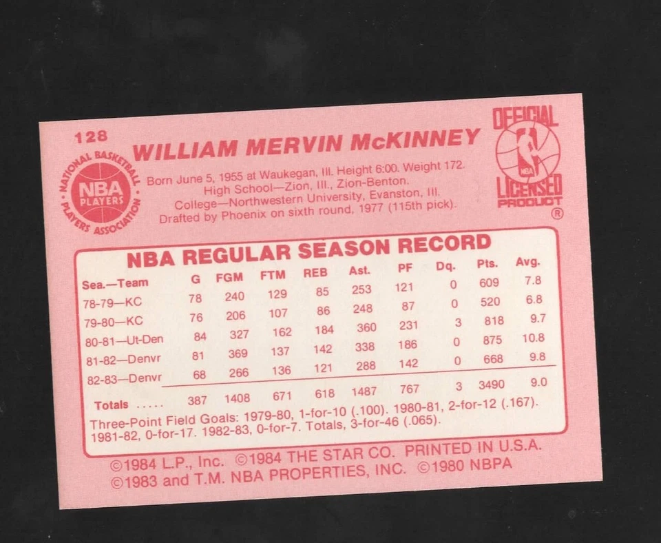 1983-84 STAR Basketball #128 BILLY McKINNEY NICE* NM San Diego Clippers - Image 2 of 3