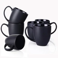Set of 6 Large Black Coffee Mugs 16 oz Ceramic Cups with Handles for Daily Use