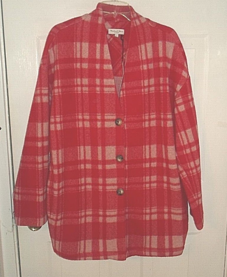 Michael Stars LARGE Red Plaid Jacket or CarCoat V-neck 3-Button