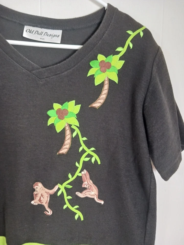 Blusa para mujer vintage antigua Dell Designs manga corta mono palmera negra talla M Foto 2 de 4