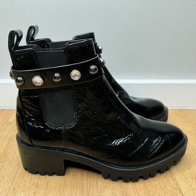 NEW Karl Lagerfeld Black Shiny Leather Porshay Lug Sole Studded Bootie Boot
