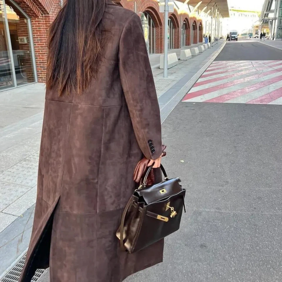 70s Vintage Brown Suede Leather Trench Coat for Women | Winter Leather Long Coat - Imagem 3 de 4