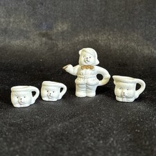 Vtg Ceramic Miniature Tea Set Tea Pot Creamer Two Cups White Teddy Bear Faces