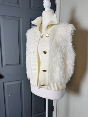 s.Oliver Ivory Chunky-Knit Faux Fur Collar Button Sweater Vest Size M
