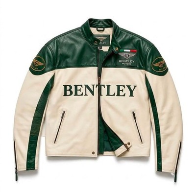 Bentley British Racing Green Leather Jacket   Cream Colorblock Biker Gear