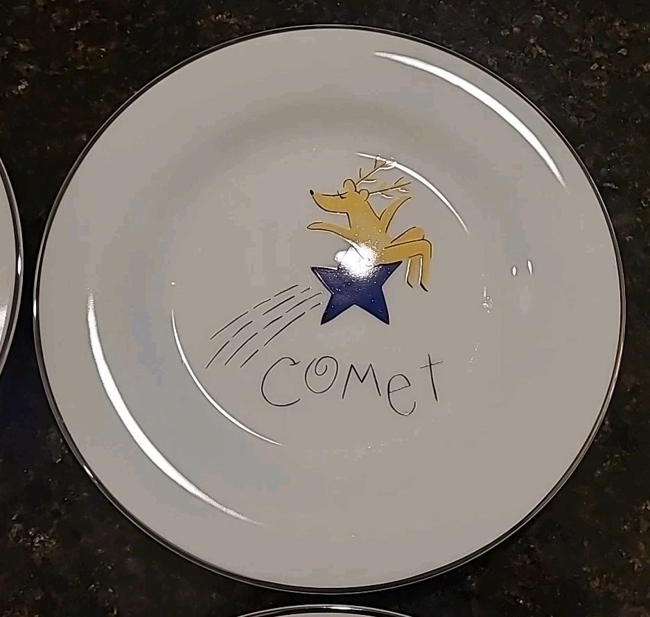 НАБОР (4) салат, десертные тарелки Pottery Barn REINDEER 8 3/8 дюйма. Комета, Амур, Доннер - Изображение 4 из 4